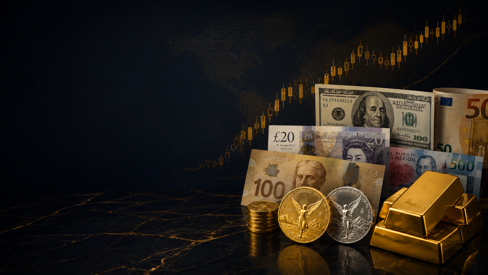 Billetes, monedas y metales preciosos para cambio de divisas en Puebla